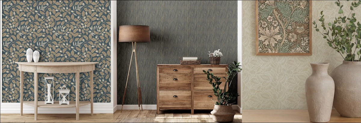 Arthouse Wallpaper collection. Three roomset images featuring arthouse wallpaper styles. Japandi grasscloth design. Taupe acorn and leaf design and a beige stenciled leaf design.