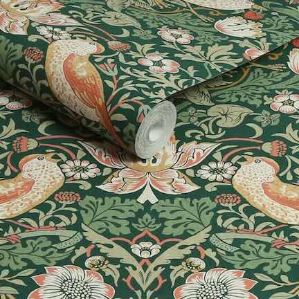 Designer Kitchen Wallpaper Collection - william Morris Strawberry thief green wallpaper roll