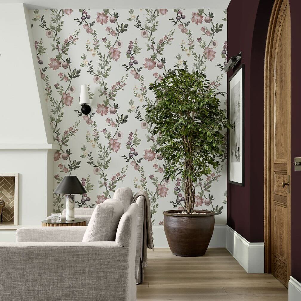 Graham and brown wallpaper collection featuring a bright and airy living loom decorated in gramaham and brown cream wallpaper with colourful floral, fruit and leaf trails.