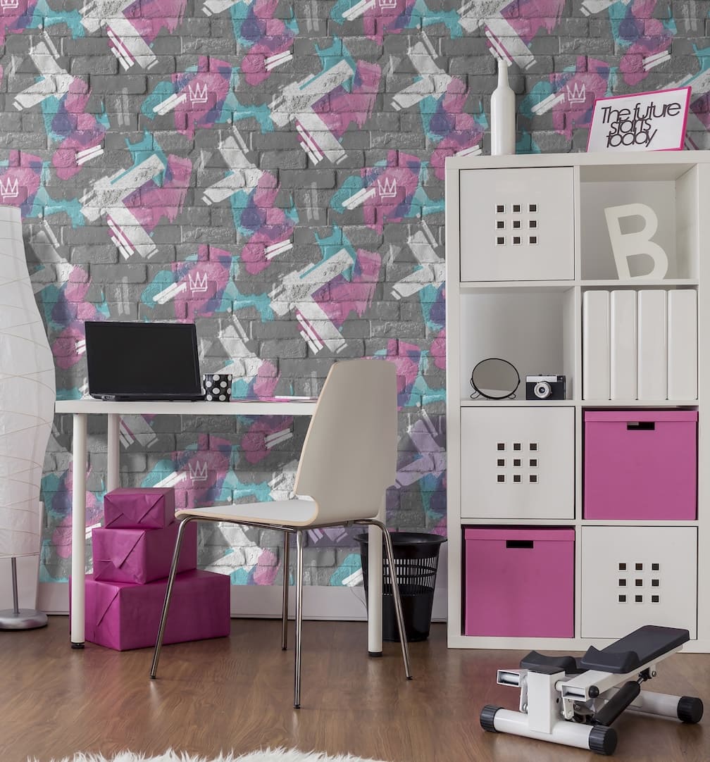 Muriva Graffiti Brush Charcoal and Pink Wallpaper