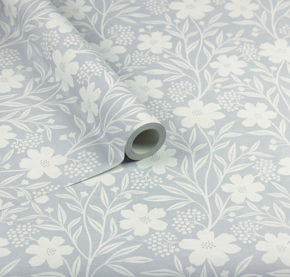 Arthouse Berry Floral Soft Blue Wallpaper