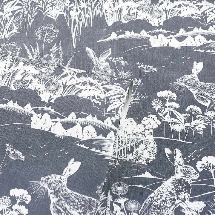 Arthouse Meadow Hare Navy Wallpaper