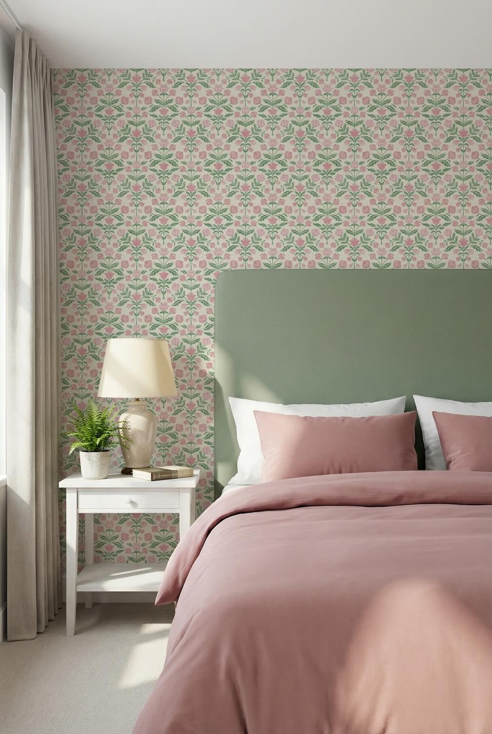 Arthouse Modern Floral Damask Green/Pink Wallpaper