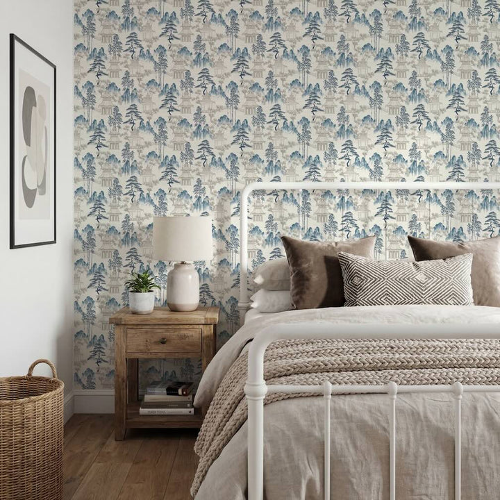 Arthouse Japanese Pagoda Blue Grey Wallpaper