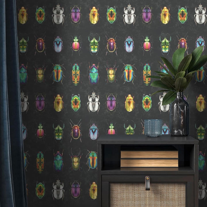 Woodchip & Magnolia Beetle Jewels Multi Black Wallpaper