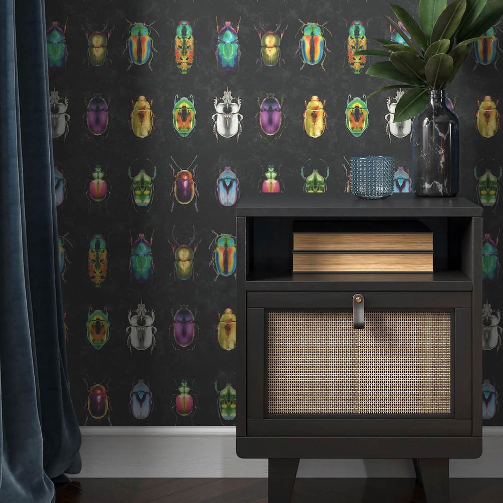 Woodchip & Magnolia Beetle Jewels Multi Black Wallpaper