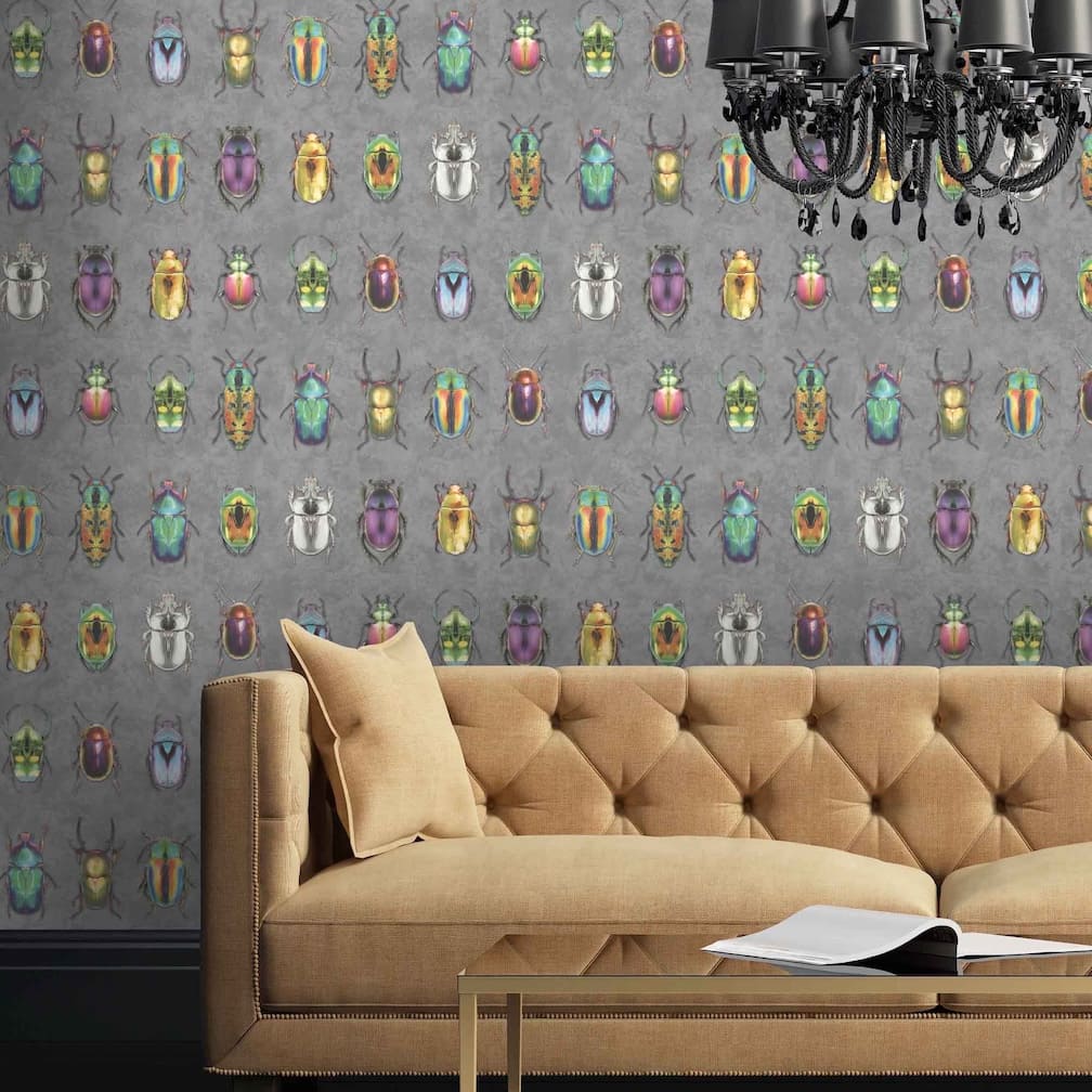 Beetle Jewels Multi Charcoal Wallpaper
