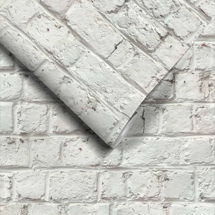 Woodchip & Magnolia Cracked Painted White Brick Wallpaper