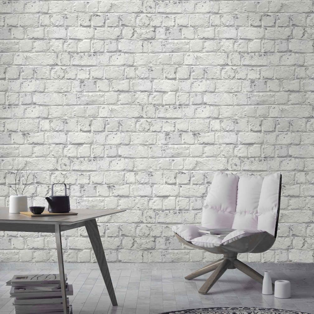 Woodchip & Magnolia Cracked Painted White Brick Wallpaper