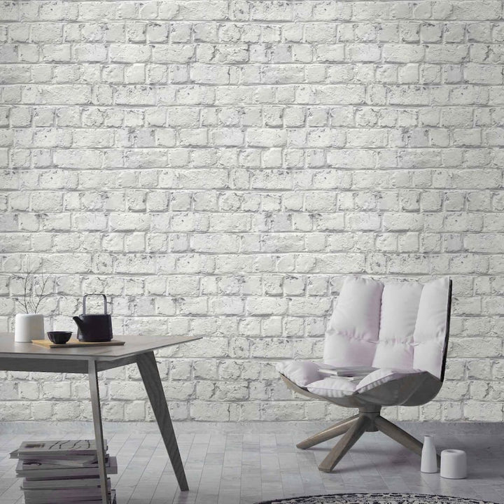 Woodchip & Magnolia Cracked Painted White Brick Wallpaper