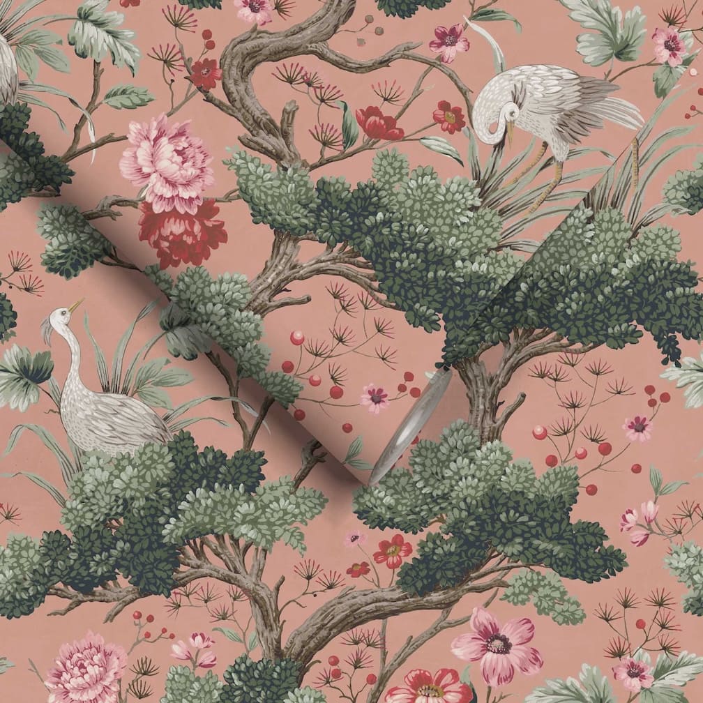 Woodchip & Magnolia Crane Bird Vintage Pink Wallpaper