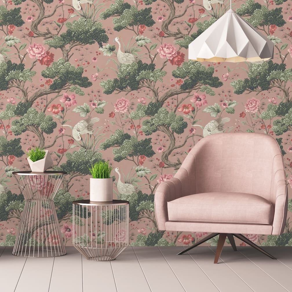 Woodchip & Magnolia Crane Bird Vintage Pink Wallpaper