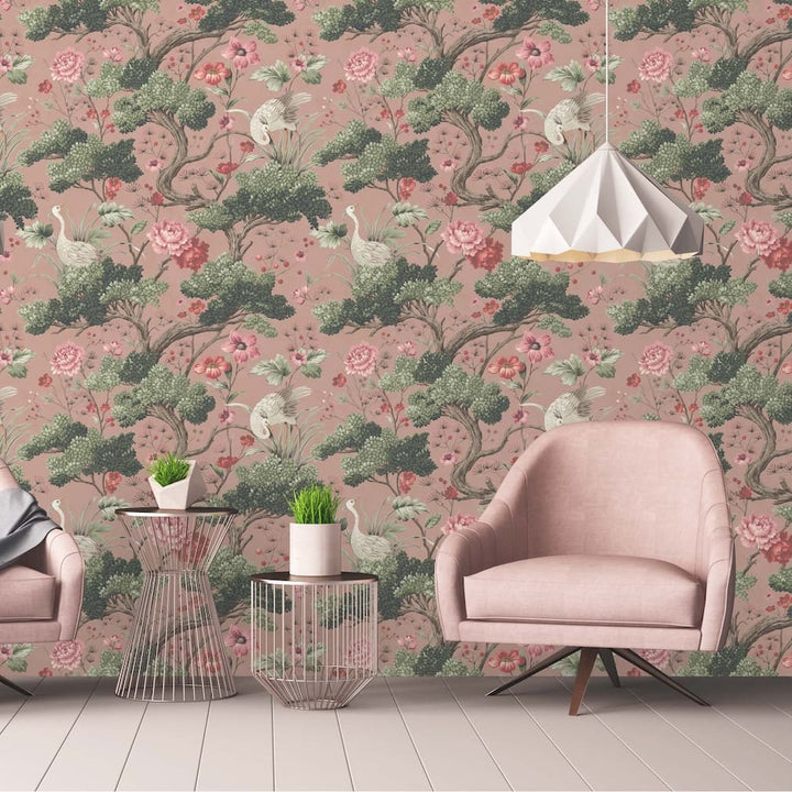 Woodchip & Magnolia Crane Bird Vintage Pink Wallpaper