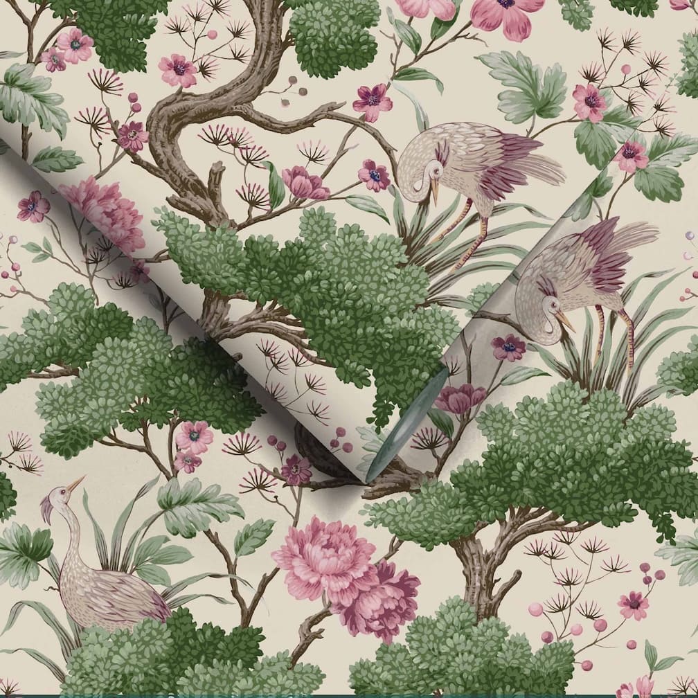 Crane Bird Rose Pink / Cream Wallpaper