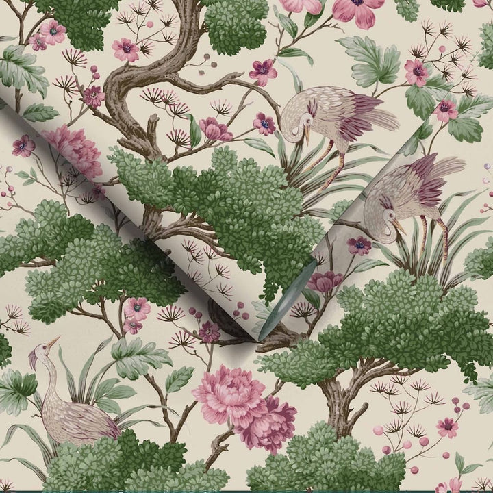 Crane Bird Rose Pink / Cream Wallpaper