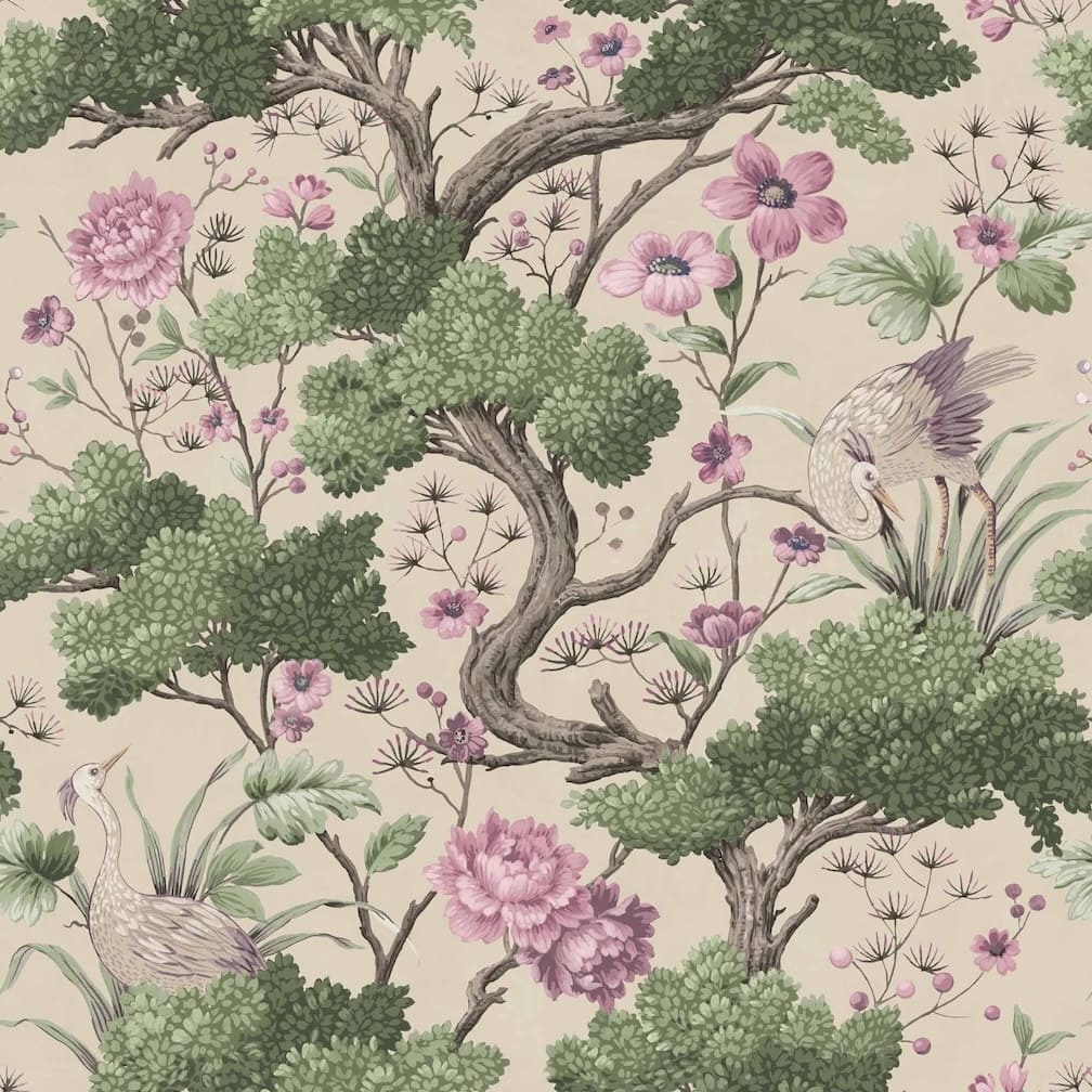 Crane Bird Rose Pink / Cream Wallpaper