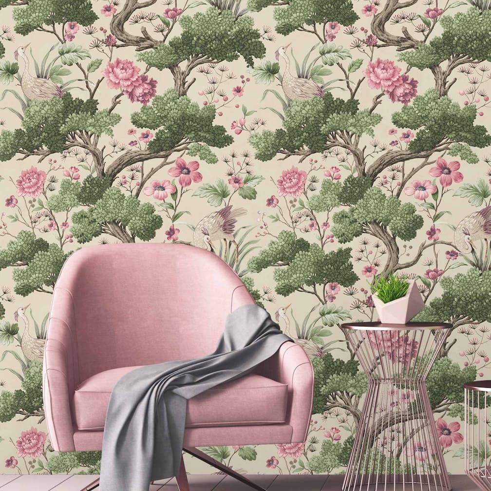Crane Bird Rose Pink / Cream Wallpaper