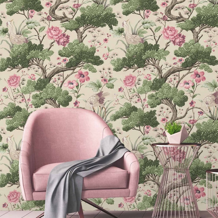 Crane Bird Rose Pink / Cream Wallpaper