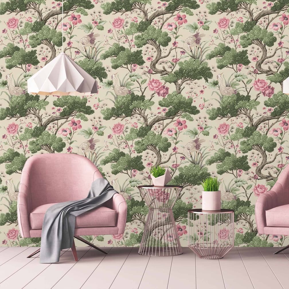Crane Bird Rose Pink / Cream Wallpaper
