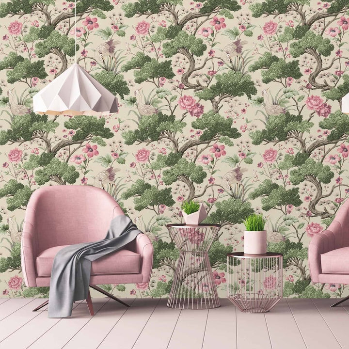 Crane Bird Rose Pink / Cream Wallpaper