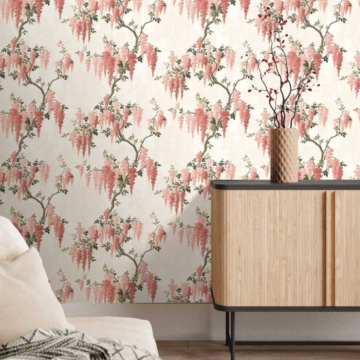 Woodchip & Magnolia Wisteria Coral Floral Wallpaper