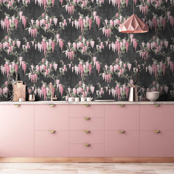 Woodchip & Magnolia Wisteria Noir Black Wallpaper