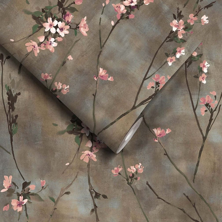 Woodchip & Magnolia Blossom Brown & Blush Wallpaper