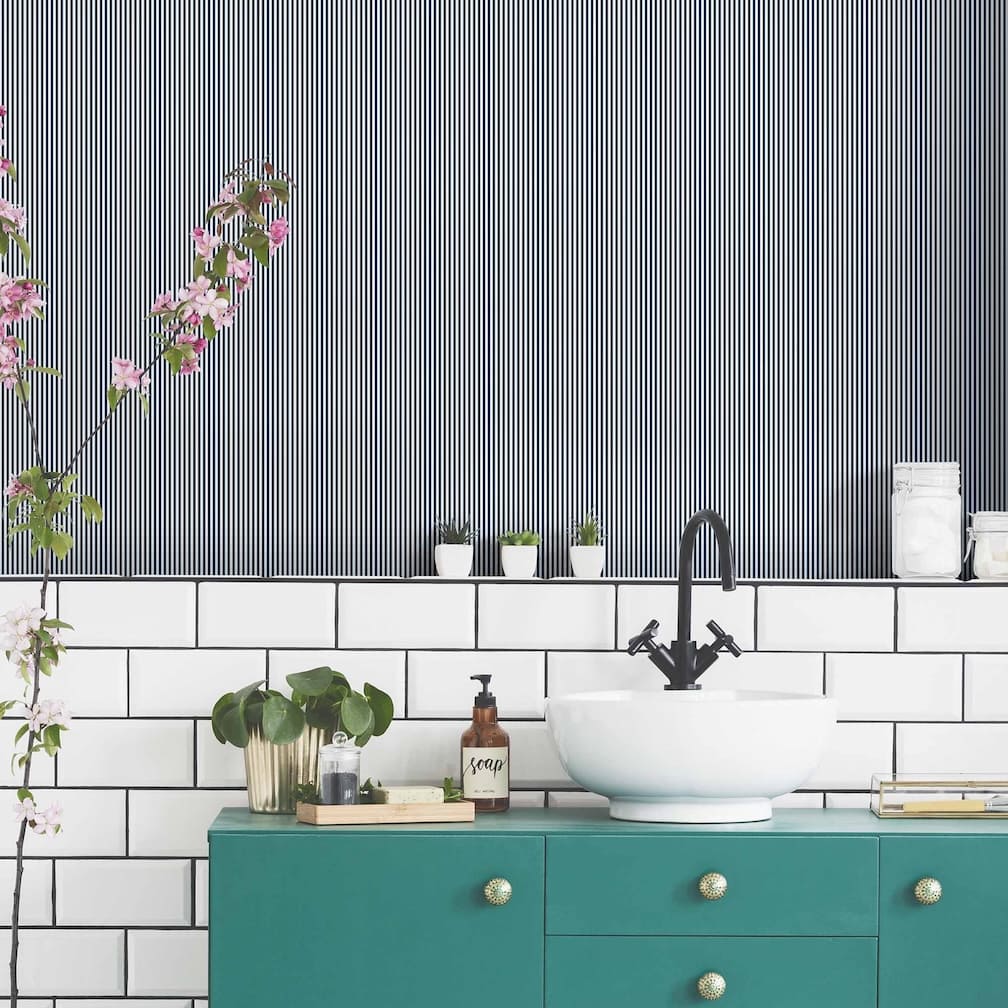 Woodchip & Magnolia Matchstick Stripe Navy/White Wallpaper