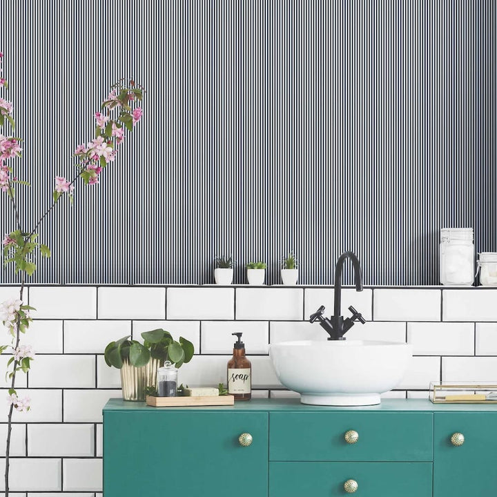 Woodchip & Magnolia Matchstick Stripe Navy/White Wallpaper