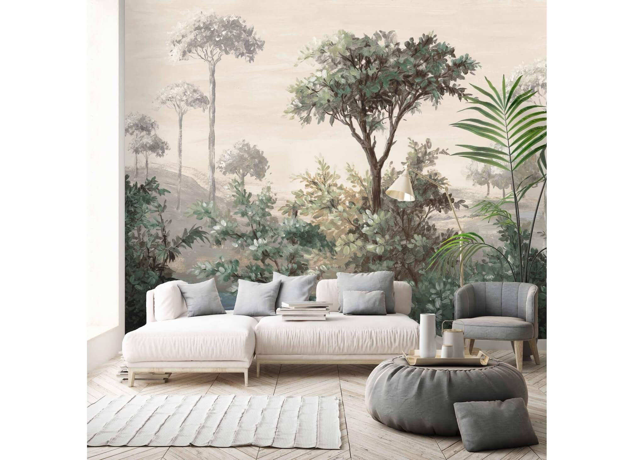 Woodchip and magnolia oasis natural wall mural decorating the wall of a sitting room