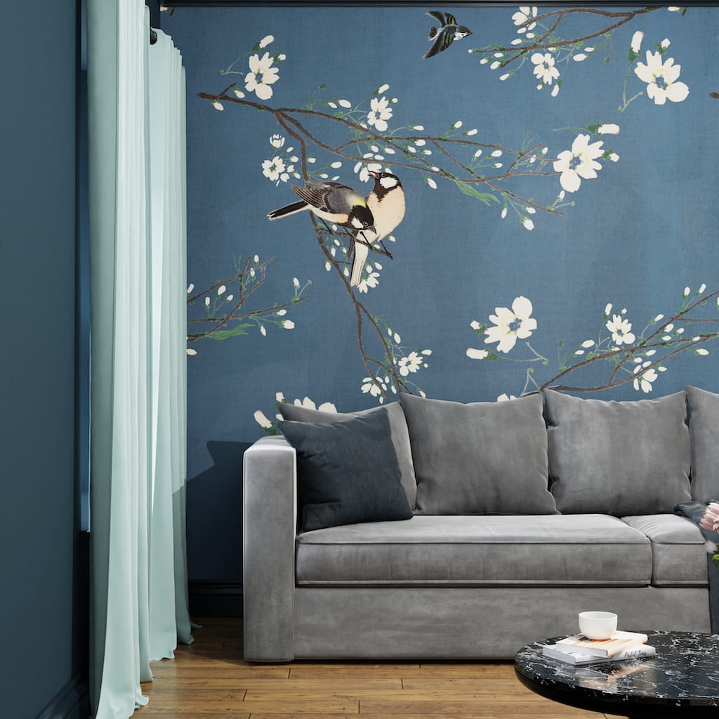 Blue Mural Patterns Art for the Home Birds & Blossom Blue Mural – Decor Warehouse