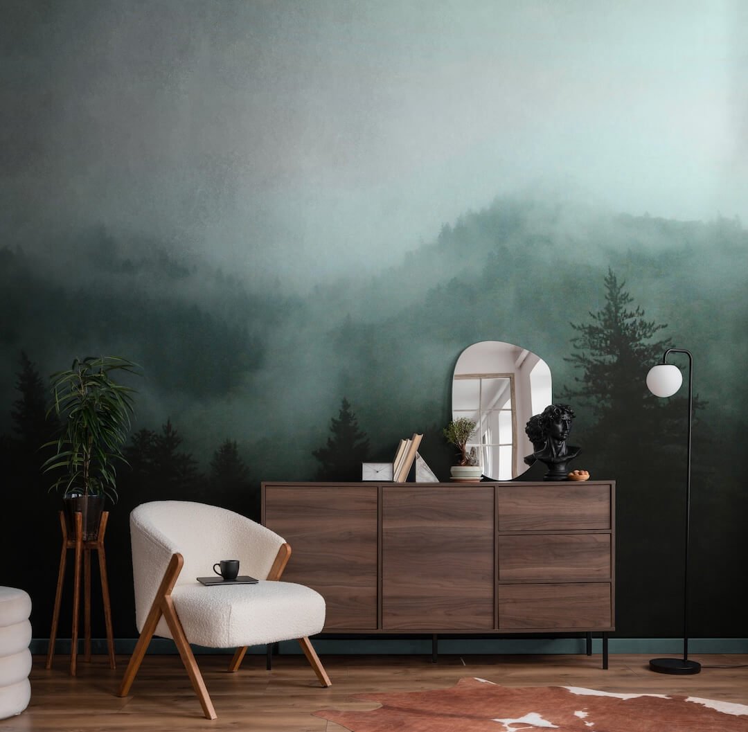 - Art for the Home Misty Landscape Teal Mural - 125711FXST - Decor Warehouse