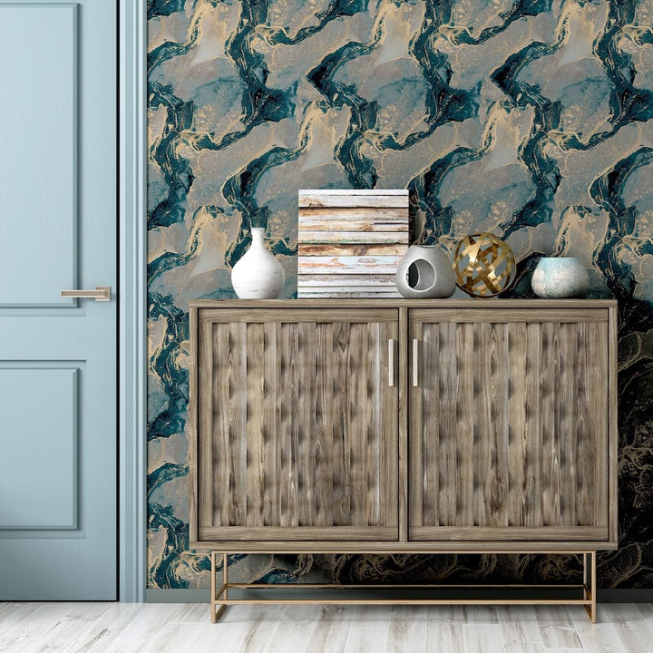 Arthouse Abstract Marble Teal/Gold Wallpaper - 693404