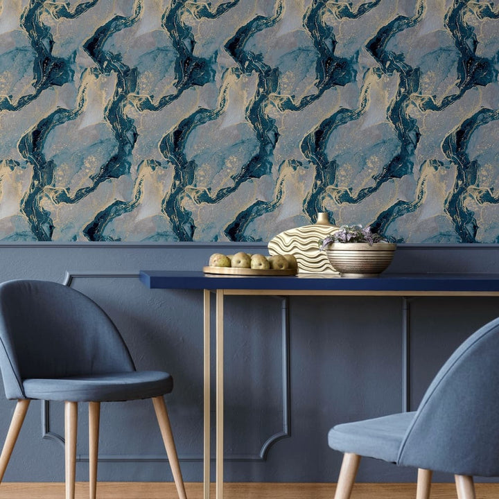 Arthouse Abstract Marble Teal/Gold Wallpaper - 693404