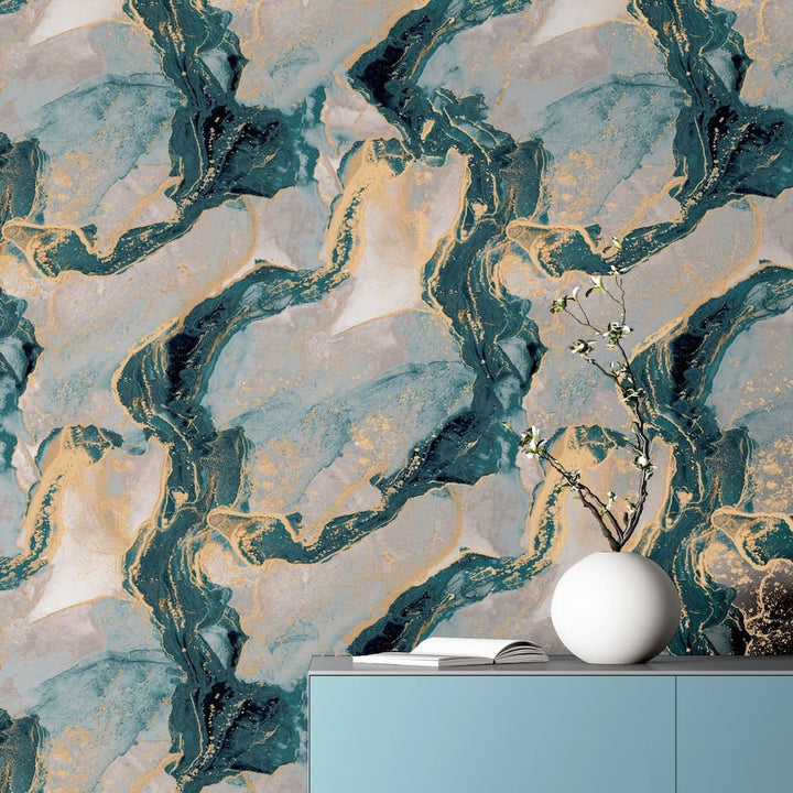 Arthouse Abstract Marble Teal/Gold Wallpaper - 693404