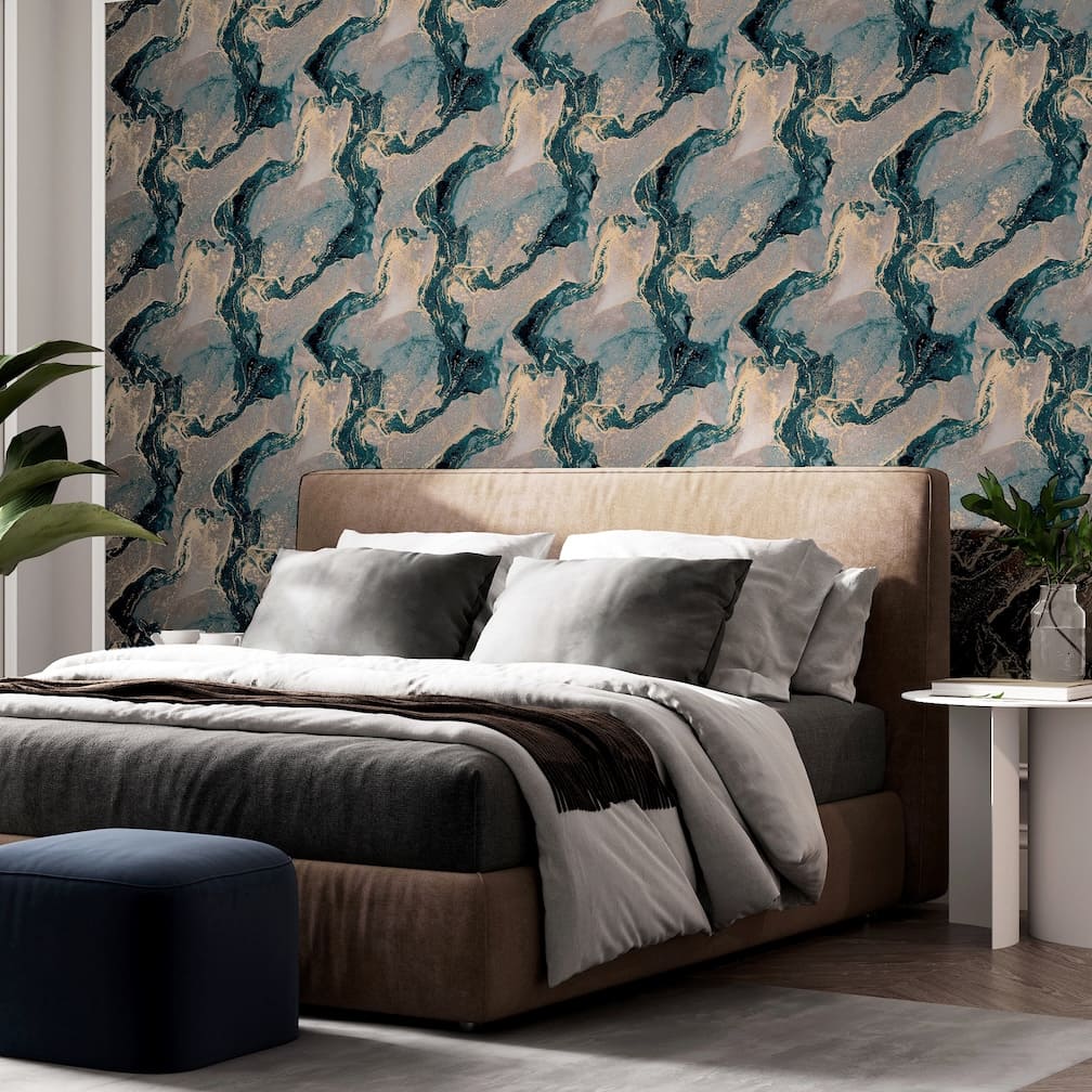 Arthouse Abstract Marble Teal/Gold Wallpaper - 693404