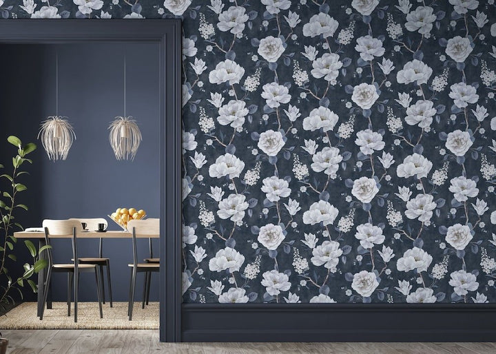  - Arthouse Ashley Floral Navy Wallpaper - 925505 - Decor Warehouse