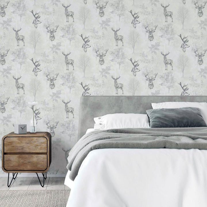  - Arthouse Etched Stag Mono Wallpaper - 901808 - Decor Warehouse