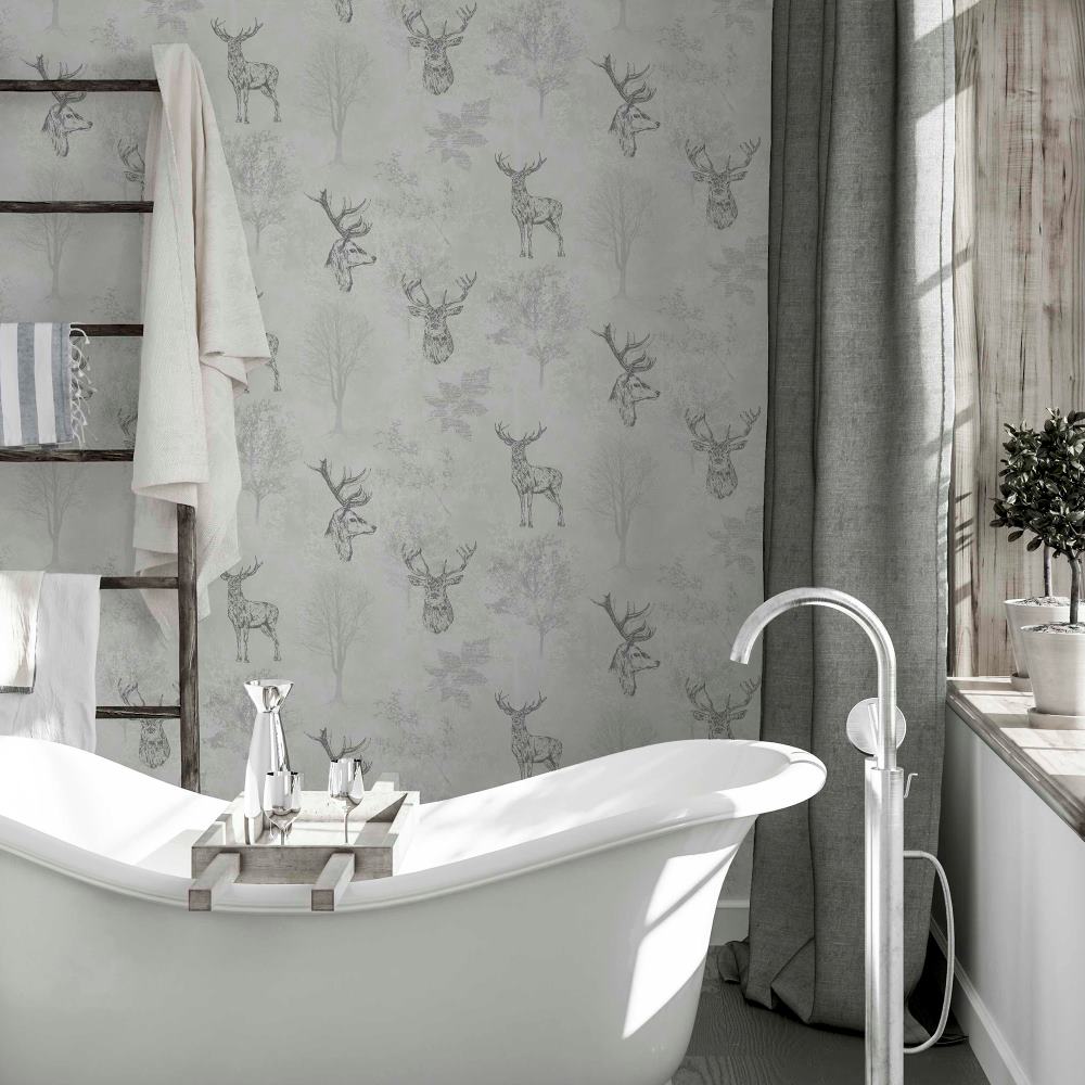  - Arthouse Etched Stag Mono Wallpaper - 901808 - Decor Warehouse