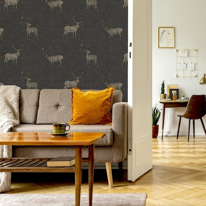  - Arthouse Heritage Stag Charcoal/Copper Wallpaper - 909607 - Decor Warehouse