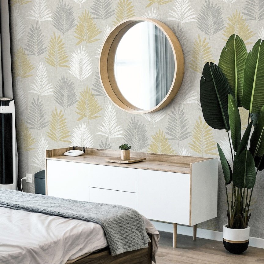  - Arthouse Linen Palm Ochre/Grey Wallpaper - 697800 - Decor Warehouse