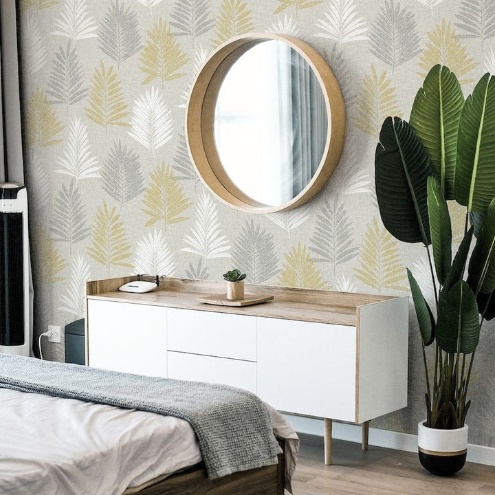  - Arthouse Linen Palm Ochre/Grey Wallpaper - 697800 - Decor Warehouse