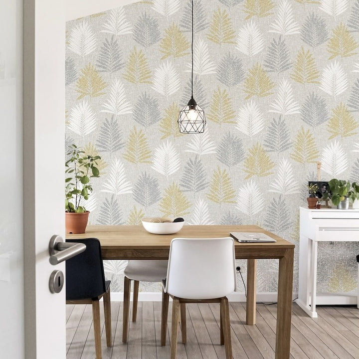  - Arthouse Linen Palm Ochre/Grey Wallpaper - 697800 - Decor Warehouse