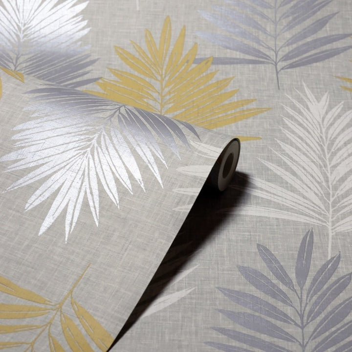  - Arthouse Linen Palm Ochre/Grey Wallpaper - 697800 - Decor Warehouse