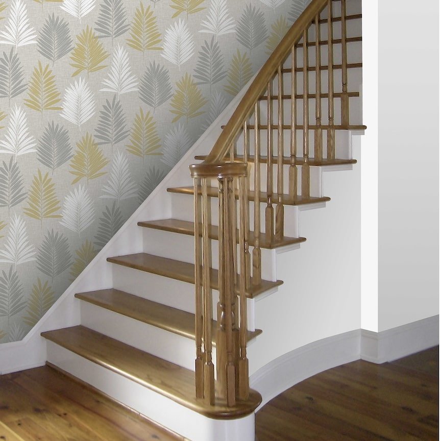 - Arthouse Linen Palm Ochre/Grey Wallpaper - 697800 - Decor Warehouse
