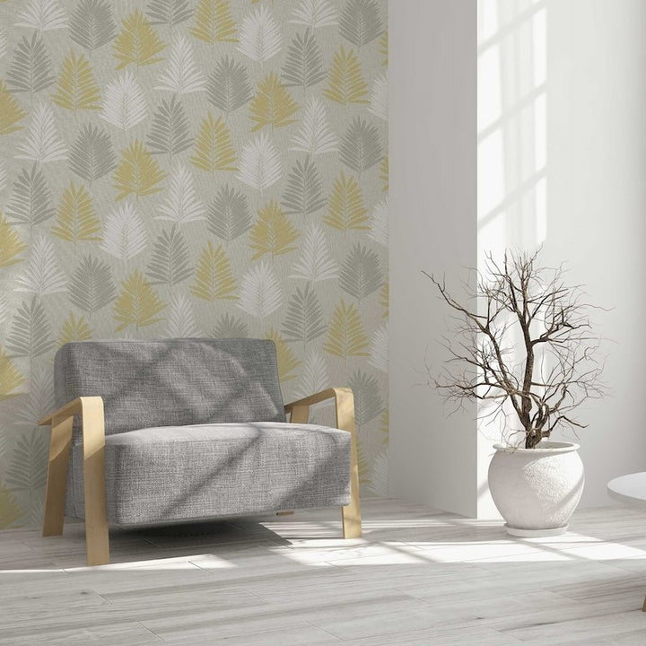  - Arthouse Linen Palm Ochre/Grey Wallpaper - 697800 - Decor Warehouse