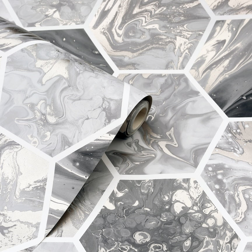  - Arthouse Marbled Hex Charcoal/Rose Gold Wallpaper - 908502 - Decor Warehouse