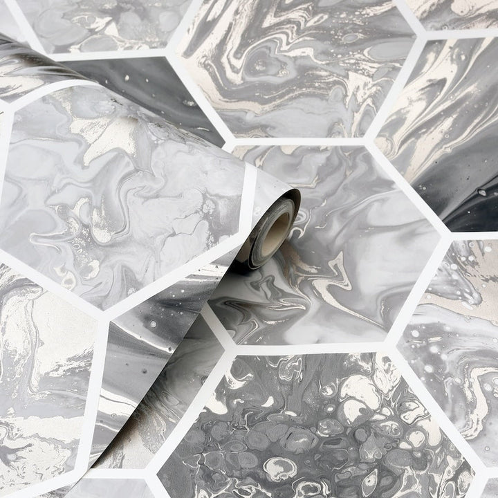  - Arthouse Marbled Hex Charcoal/Rose Gold Wallpaper - 908502 - Decor Warehouse