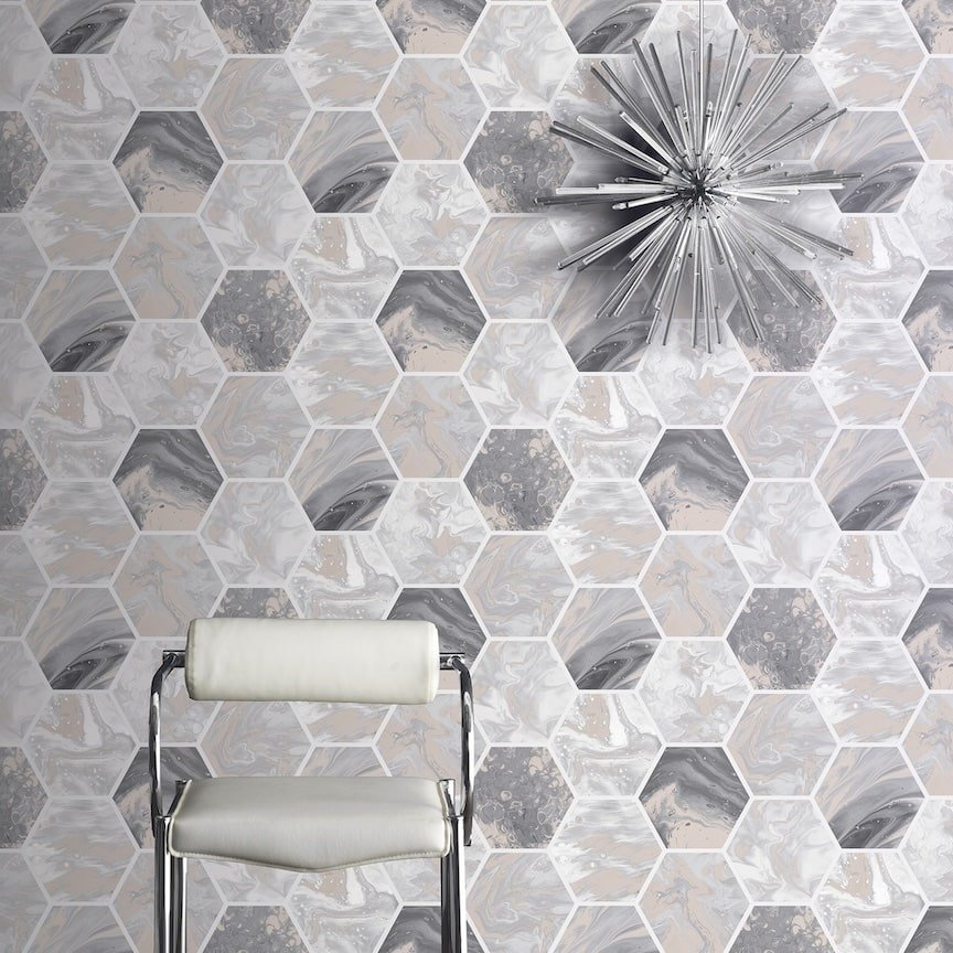  - Arthouse Marbled Hex Charcoal/Rose Gold Wallpaper - 908502 - Decor Warehouse