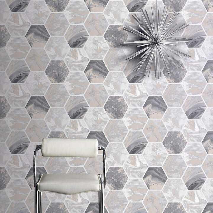  - Arthouse Marbled Hex Charcoal/Rose Gold Wallpaper - 908502 - Decor Warehouse